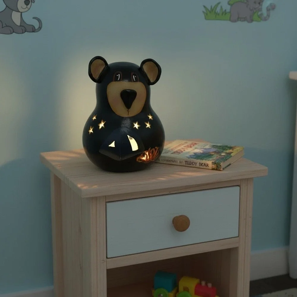 Hand Carved Bear Gourd Lantern Folk Art Night Light‎ Cabin Decor